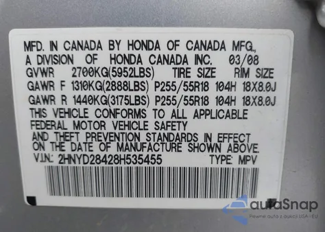 2008 Acura Mdx Technology Package из США, поврежденный, VIN 2HNYD28428H535455